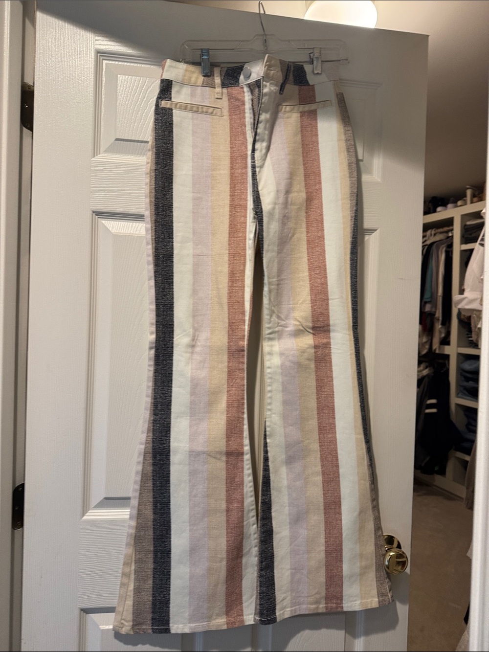 Forever 21 Vertical Striped Flare Jeans in Cream, Tan, Brown, Black
